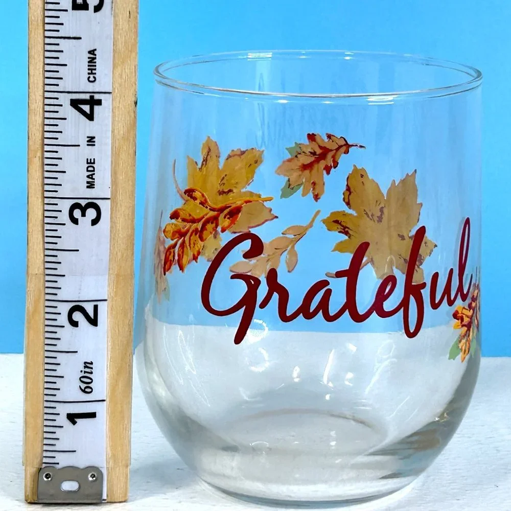 Set of 2‎ Royal Norfolk Autumn Fall Leaves GRATEFUL Stemless Wine Juice Glasses